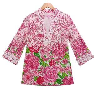 Lilly Pulitzer Newbury Tunic Top Color By Numbers Floral Print Beaded  Sz 2‎